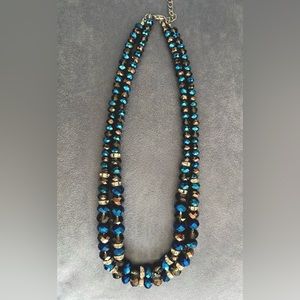Double-Strand Black, Blue & Silver Metallic Beaded Necklace w/ Rhinestones